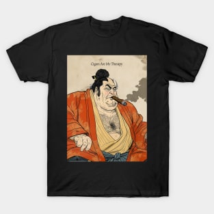 Puff Sumo: Cigars Are My Therapy on a Dark Background T-Shirt